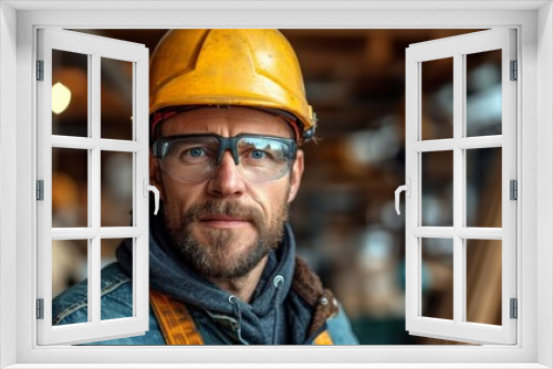 A successful industrial worker in uniform and helmet, confidently smiling at a construction site.