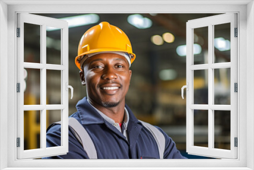 Waist-up portrait of smiling african american worker standing in in a metal manufacture warehouse.

