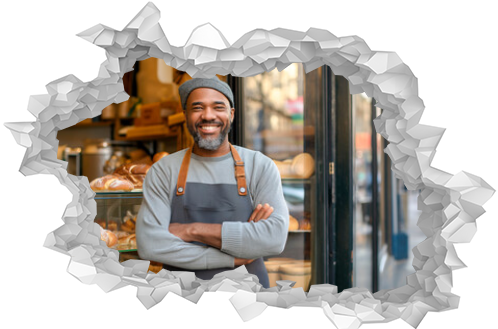 Portrait of a male african american baker standing confidently outside his urban bakery, embodying the spirit of small business success in the city