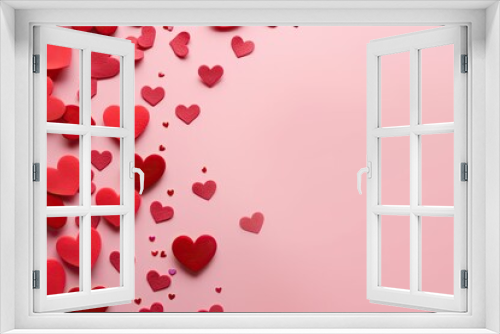 A romantic scene featuring a pink backdrop with hearts floating in the air