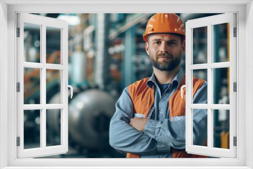 Portrait of Industry maintenance engineer man wearing uniform and safety hard hat on factory station