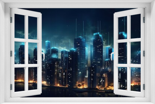 Panoramic view of futuristic city skyline with high buildings at night