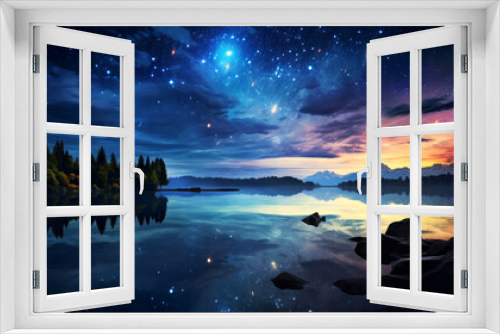 A tranquil night sky filled with stars reflecting on a still lake surrounded by a silhouette of forest and mountains