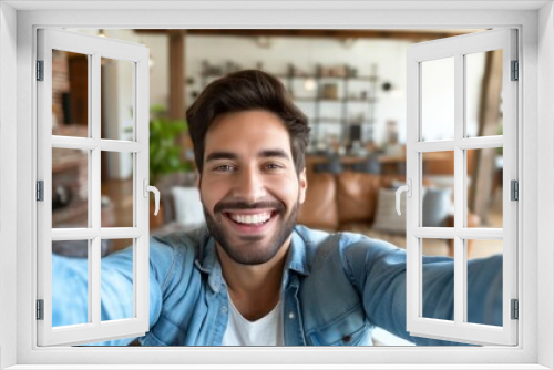 Young Man Taking a Selfie in a Contemporary Living Room Generative AI