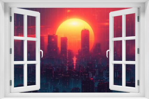 Futuristic skyline with a glitch effect in a vibrant sci-fi color palette
