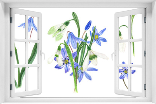 Fototapeta Naklejka Na Ścianę Okno 3D - First spring flowers. White and blue snowdrops. Delicate bouquet with flowers, buds, leaves. Watercolor illustration. As template for postcard design, greeting, invitation