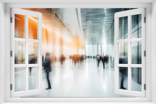 Long exposure shot of crowd of business people walking in bright office lobby fast moving with blurry