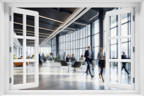 People blurred in a modern office, office pace commercial background, modern interior, Ai generated