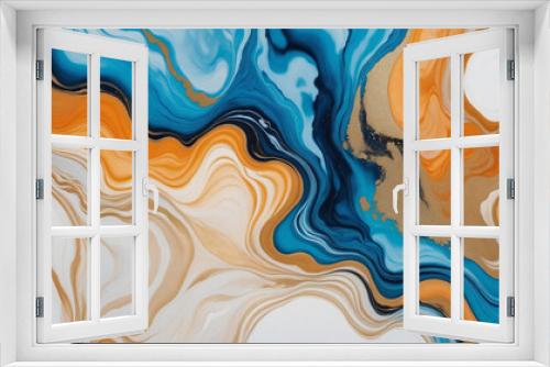 Abstract luxury marble ink art background in blue, orange, and gold paints