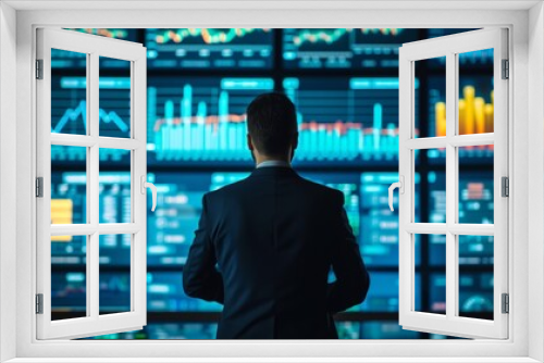 Back of a businessman in front of computer screens displaying graphs and charts data