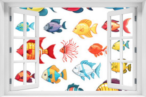 Fototapeta Naklejka Na Ścianę Okno 3D - Isolated cute sea fish. Set of freshwater aquarium cartoon fish for print, AI Generative