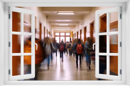 Blurred photo of middle school students walking between classes at busy school