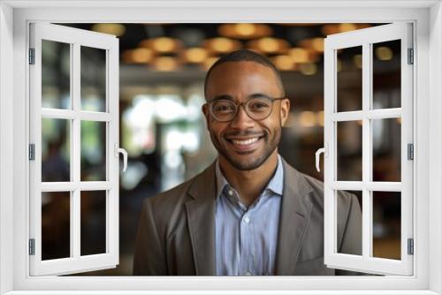 a young man wearing glasses is smiling, light-filled