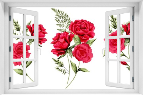 Fototapeta Naklejka Na Ścianę Okno 3D - Watercolor Bouquet of flowers, isolated, white background, red roses and green leaves