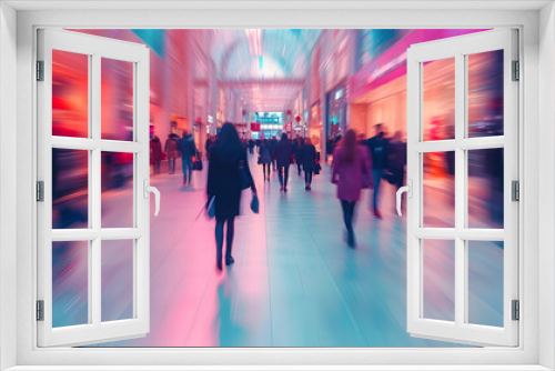 a blurry image of people walking down a mall