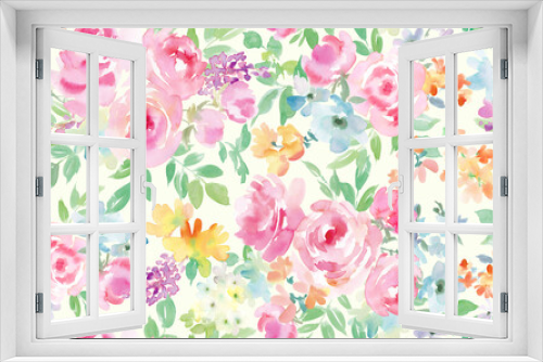 Fototapeta Naklejka Na Ścianę Okno 3D - 水彩で描いたピンクのバラと草花のシームレスパターン