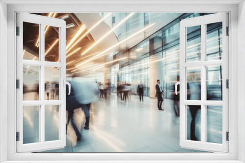 Crowd of business people in motion in a modern office building