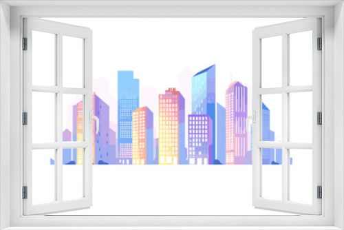 A vibrant vector illustration featuring a city block in the downtown area, adorned with bright colors, set against a clean white background.