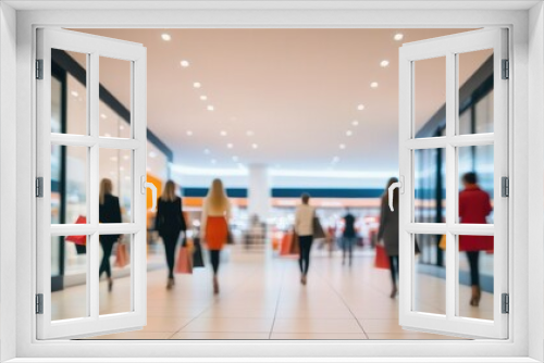 Blurred background of a modern shopping mall with some shoppers. Stylish women looking at showcase, motion blur. Abstract motion blurred shoppers with shopping bags.  generative, ai.