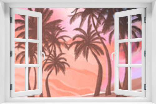 Fototapeta Naklejka Na Ścianę Okno 3D - Seascape with palm trees at sunset, neon, silhouettes of palm trees, reflection in the water.
