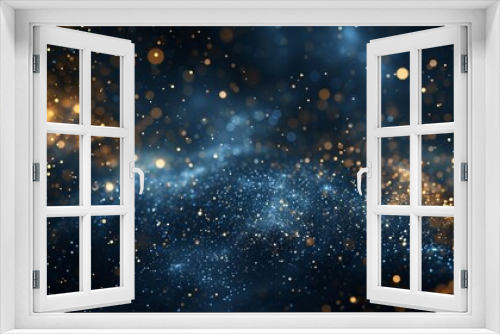 a distinctive background featuring dark blue and gold particles