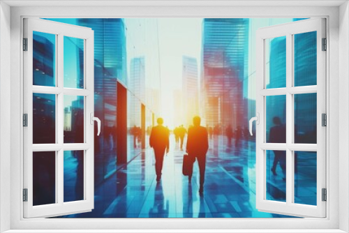 Silhouette of a businessmen in an office against a skyscraper background. Investment business and leadership concept