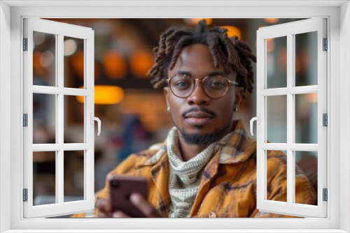 Portrait of young african american man using mobile phone in cafe - Generative AI