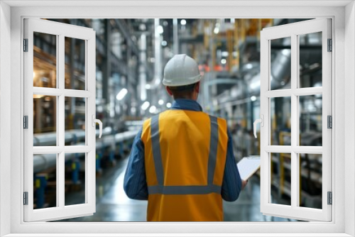 Industrial engineer with clipboard controlling factory facility