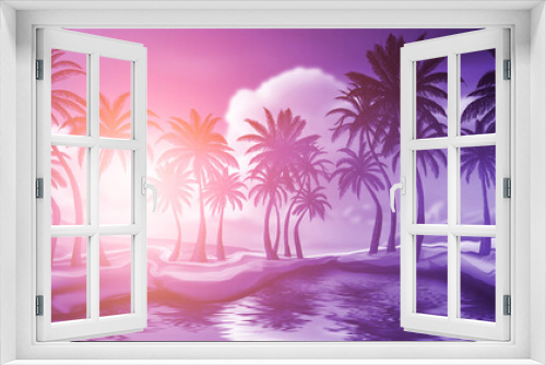 Fototapeta Naklejka Na Ścianę Okno 3D - Seascape with palm trees at sunset, neon, silhouettes of palm trees, reflection in the water.