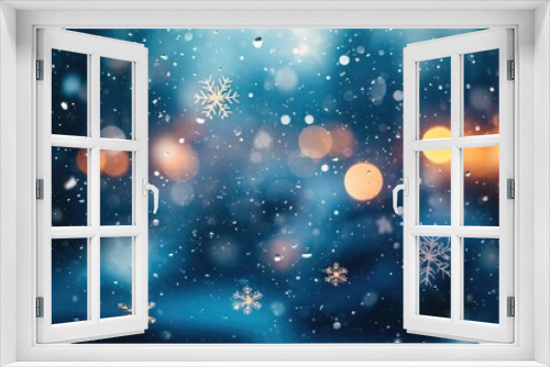 An out-of-focus image capturing snow flakes covering a windowpane in a blurry manner, A chilly scene of snowflakes softly falling on Christmas Eve, AI Generated