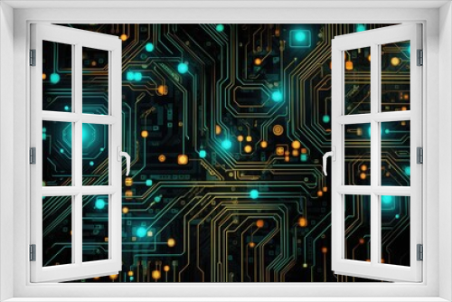 A computer circuit board with glowing lights showcasing its intricate design and functional capabilities., Neon maze of circuit board patterns, AI Generated