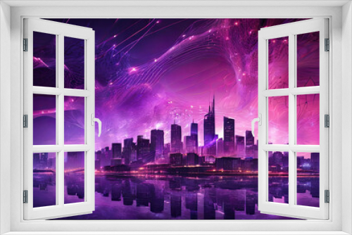 Illusionary night city: Vibrant purples, pinks, digital lines. A captivating blend of reality and fantasy. Explore the enchantment in this unique cityscape. 