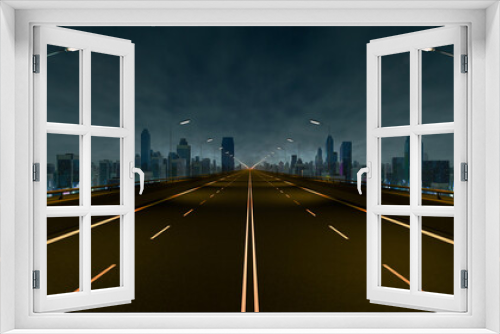 Fototapeta Naklejka Na Ścianę Okno 3D - Empty asphalt road. Metropolitan cloudy midnight cityscape. 3D rendering.
