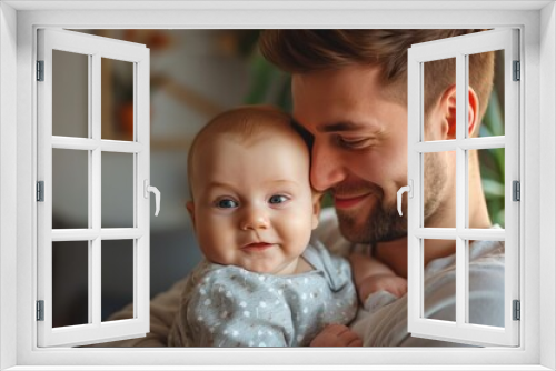 Young father spending time with baby son. He is holding his cute little baby boy in arms at home. 