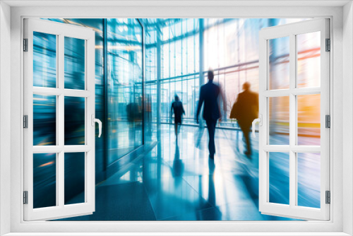 Blurred Motion of Businesspeople Walking in Glass Hallway