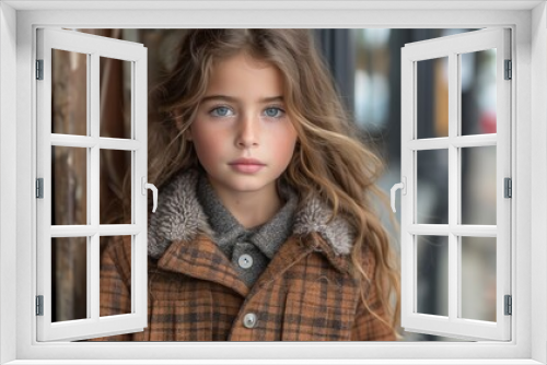 portrait of a beautiful little girl in a coat on the street