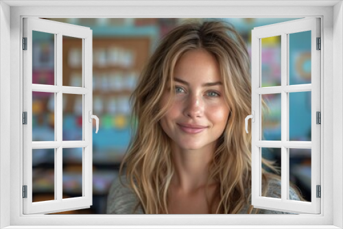 A joyful woman with layered, feathered hair and a warm smile looks directly at the camera in a portrait against a plain indoor wall