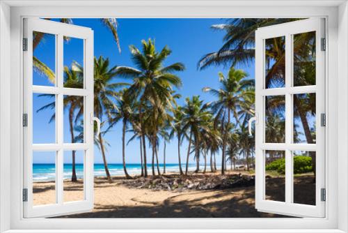 Fototapeta Naklejka Na Ścianę Okno 3D - Wild tropical beach with palm trees and turquoise caribbean sea