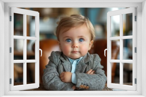 Portrait of a cute little boy sitting at the table in the office. Generative Ai. 