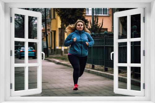 Overweight woman, clad in a vibrant blue jacket, as she sprints through bustling streets with unparalleled sense of freedom and joy