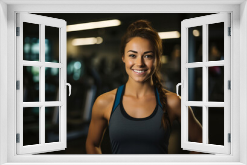 Smiling female Physical Fitness Instructor showcasing her strength and dedication in a well-equipped gym