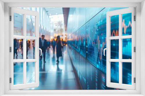 Fast movement of business people in A bustling corporate lobby with business professionals networking, exchanging ideas beside a digital interactive wall displaying real-time market analytics