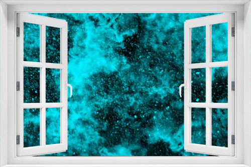Fototapeta Naklejka Na Ścianę Okno 3D - Abstract dynamic particles with soft blue clouds on dark background. Defocused Lights and Dust Particles. Watercolor wash aqua painted texture grungy design