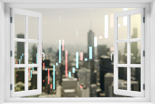 Fototapeta Naklejka Na Ścianę Okno 3D - Abstract virtual financial graph hologram on blurry skyline background, forex and investment concept. Multiexposure