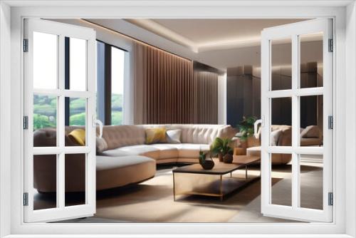 modern living room with wooden details, large windows