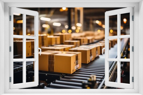 Effortless Flow: Boxes Move Smoothly Across a Conveyor Belt in a Warehouse, Illustrating Seamless Transportation and Handling