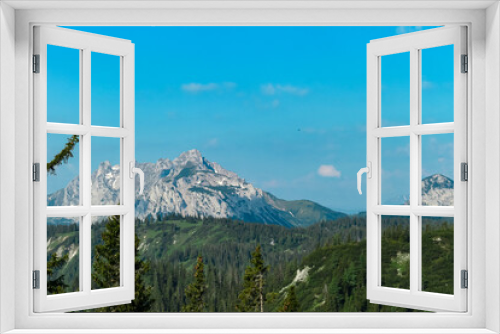 Panoramic view of alpine landscape seen from Allakogel, Hochschwab mountains, Styria, Austria. Wanderlust in wilderness of Austrian Alps, Europe. Looking at summit Griesmauerkogel and TAC-Spitze