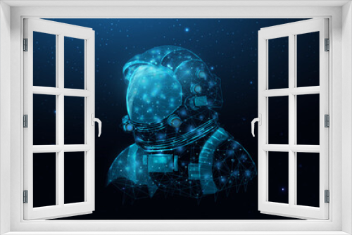 Fototapeta Naklejka Na Ścianę Okno 3D - Wireframe astronaut in space galaxy close up. Futuristic polygonal cosmonaut helmet, space tourism concept. Starry abstract background with glowing human. Vector illustration