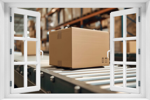 cardboard box packages or products waiting for delivery moving along a conveyor belt in a warehouse