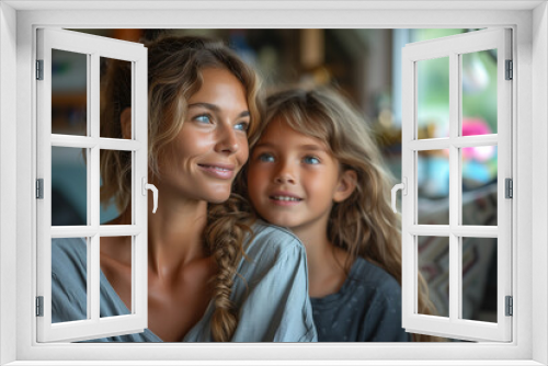 smiling mother and daughter at home